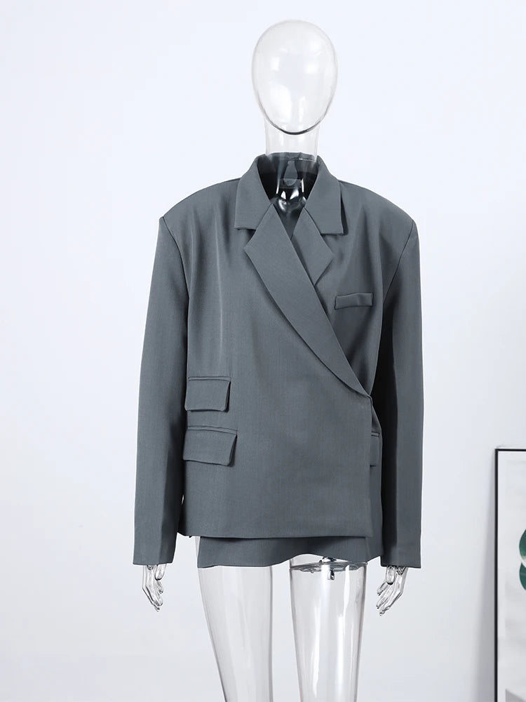 Bomber Jacket Women's Coat Oversized Blazer Lapel Diagonal Placket Asymmetrical Suit Flap Pockets Spring Woman Clothes Loose Top