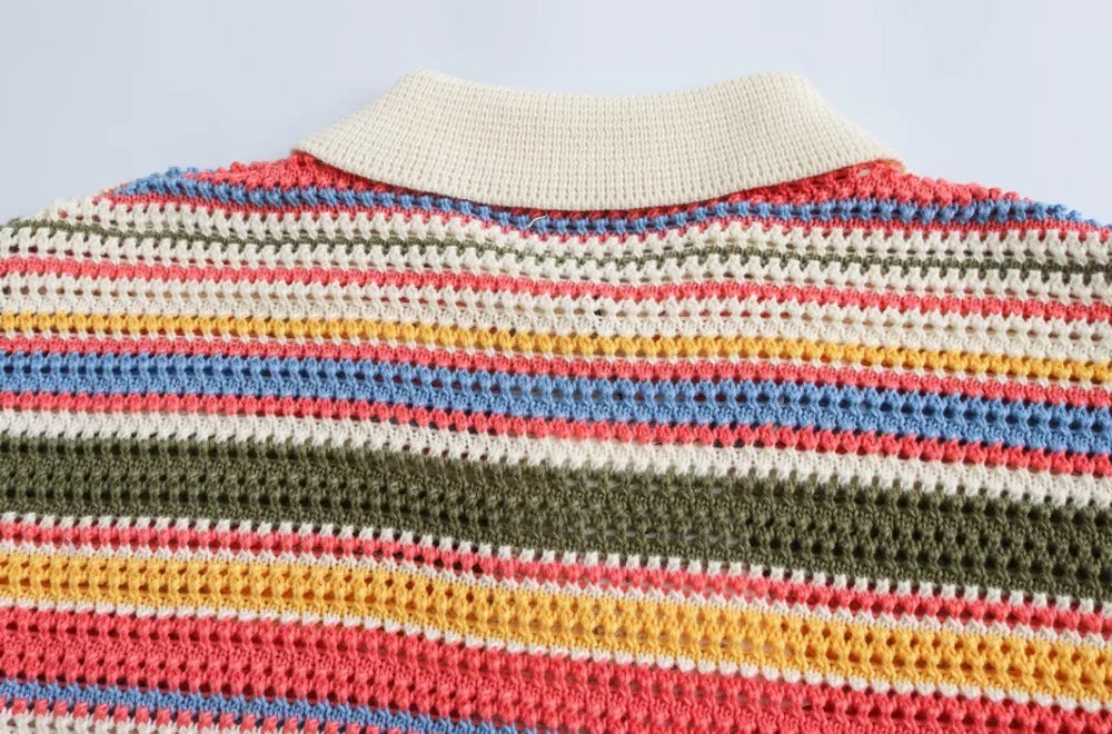 Women's Striped Crochet Knit Crop Sweater, Polo Collar, Short Sleeve, Button-up, Female Outerwear, Chic Tops, Fashion