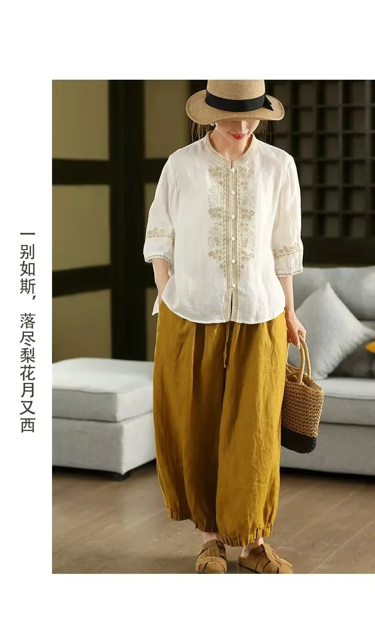 100% Linen Women Casual Shirt New 2025 Summer Vintage Style Stand Collar Floral Embroidery Loose Female Tops Shirts M1593