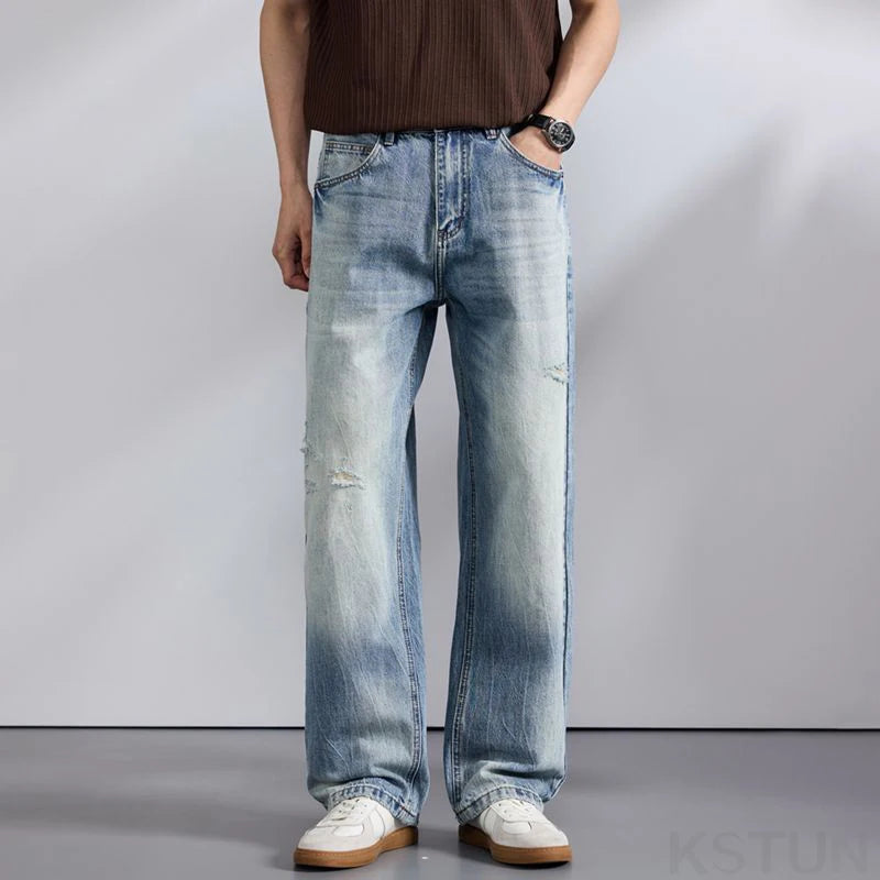 KSTUN 2026 Summer Wide Leg Jeans Men Baggy Pants Loose Fit Ripped Jeans Distressed Washed Vintage Frayed Light Blue Man Trousers