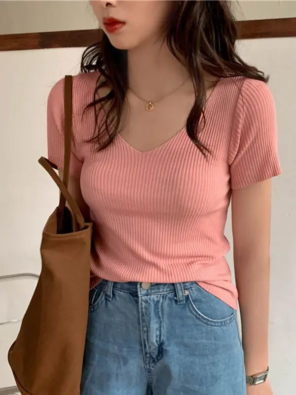 AOSSVIAO 2026 V-neck Solid Thin Summer Pullover Women Sweater Female Knitted Ribbed Sweater Slim Short Sleeve Bodycon Sweater