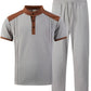 Men's Waffle Knit Stand Collar T Shirt and Pants Set Color Block Casual Streetwear Summer Tracksuit
