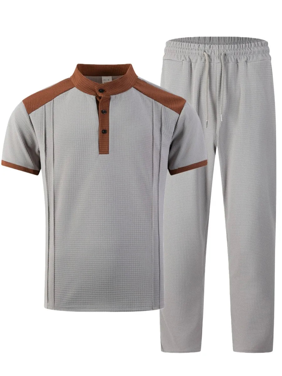 Men's Waffle Knit Stand Collar T Shirt and Pants Set Color Block Casual Streetwear Summer Tracksuit
