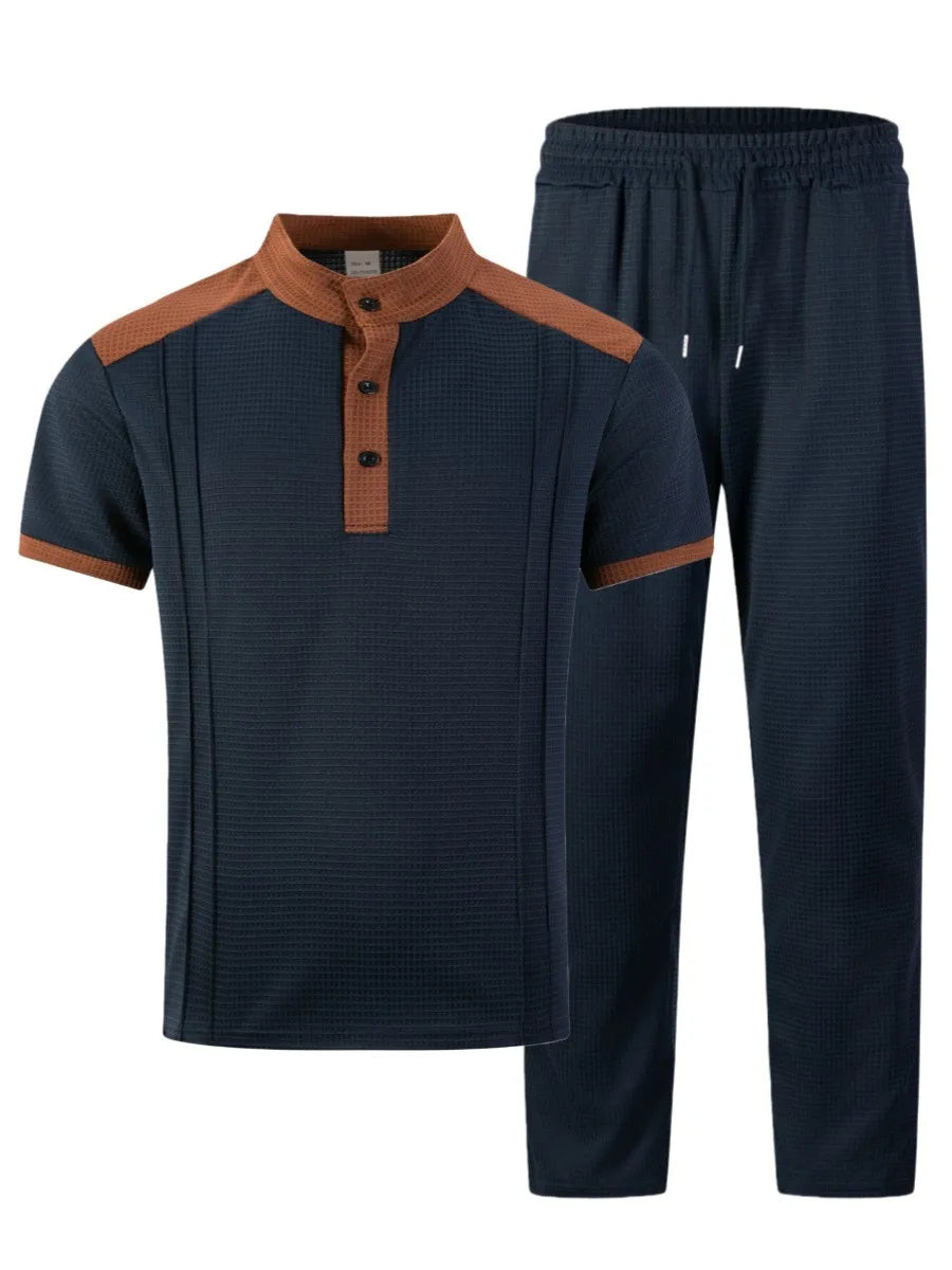 Men's Waffle Knit Stand Collar T Shirt and Pants Set Color Block Casual Streetwear Summer Tracksuit