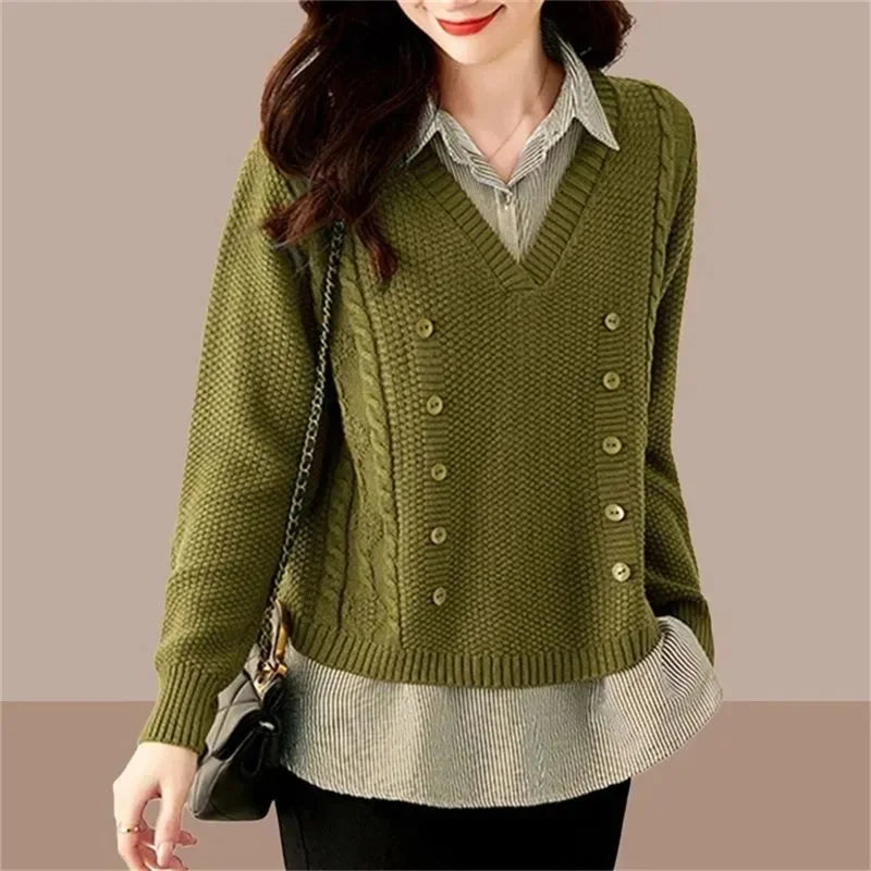 Fake Two Piece Top Knit Sweater Women's Splice Shirt Collar 2024 Spring Autumn New Korean Loose Long Sleeve Sweater Brown Shirt