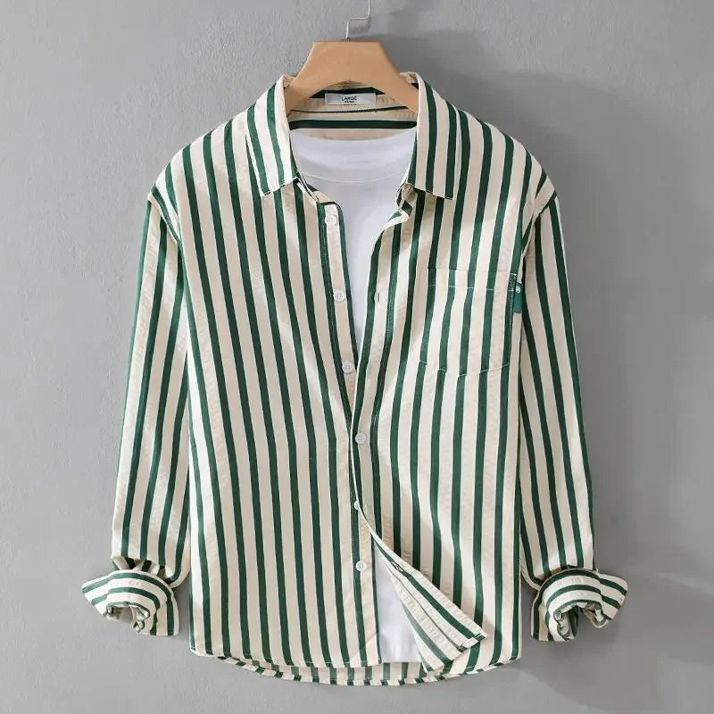 2025 Spring/Summer Men's Square Collar Button Striped Pocket Loose Fashion Casual Versatile Simple Design Long Sleeve Shirt