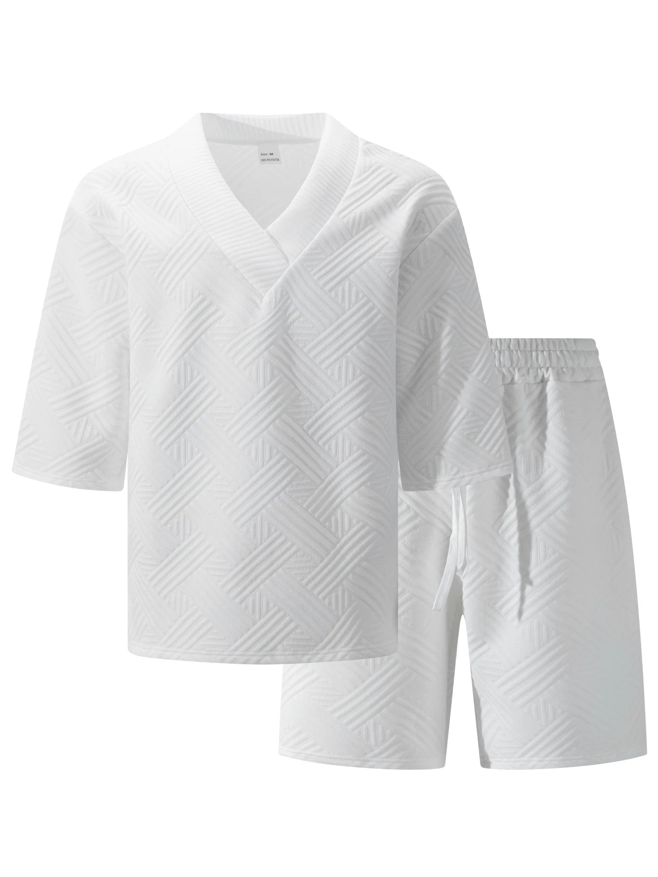 2026 Men's Summer Geometric Textured 2 Piece Set V-Neck Short Sleeve T-Shirt & Drawstring Shorts Shirt Set