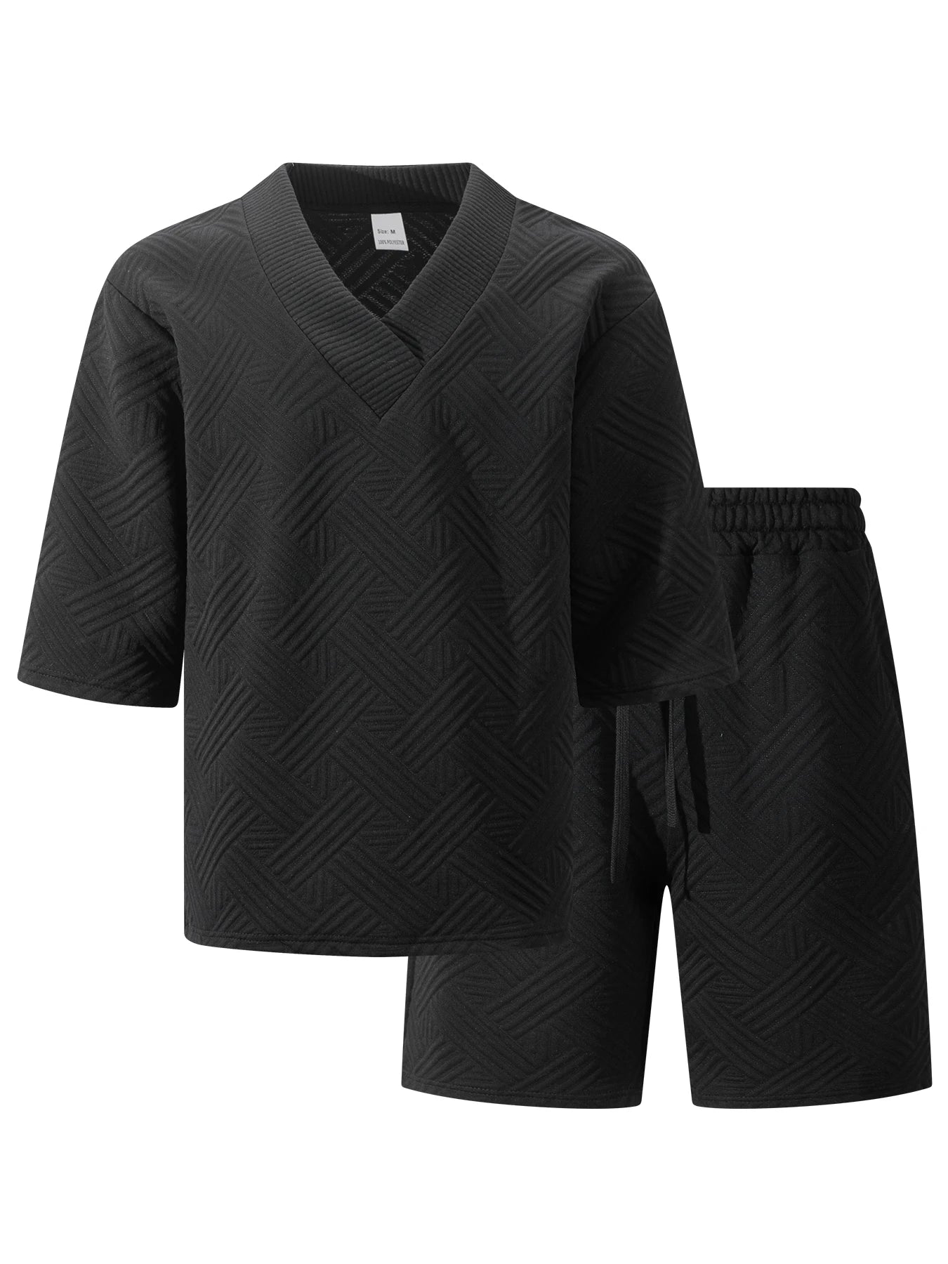 2026 Men's Summer Geometric Textured 2 Piece Set V-Neck Short Sleeve T-Shirt & Drawstring Shorts Shirt Set
