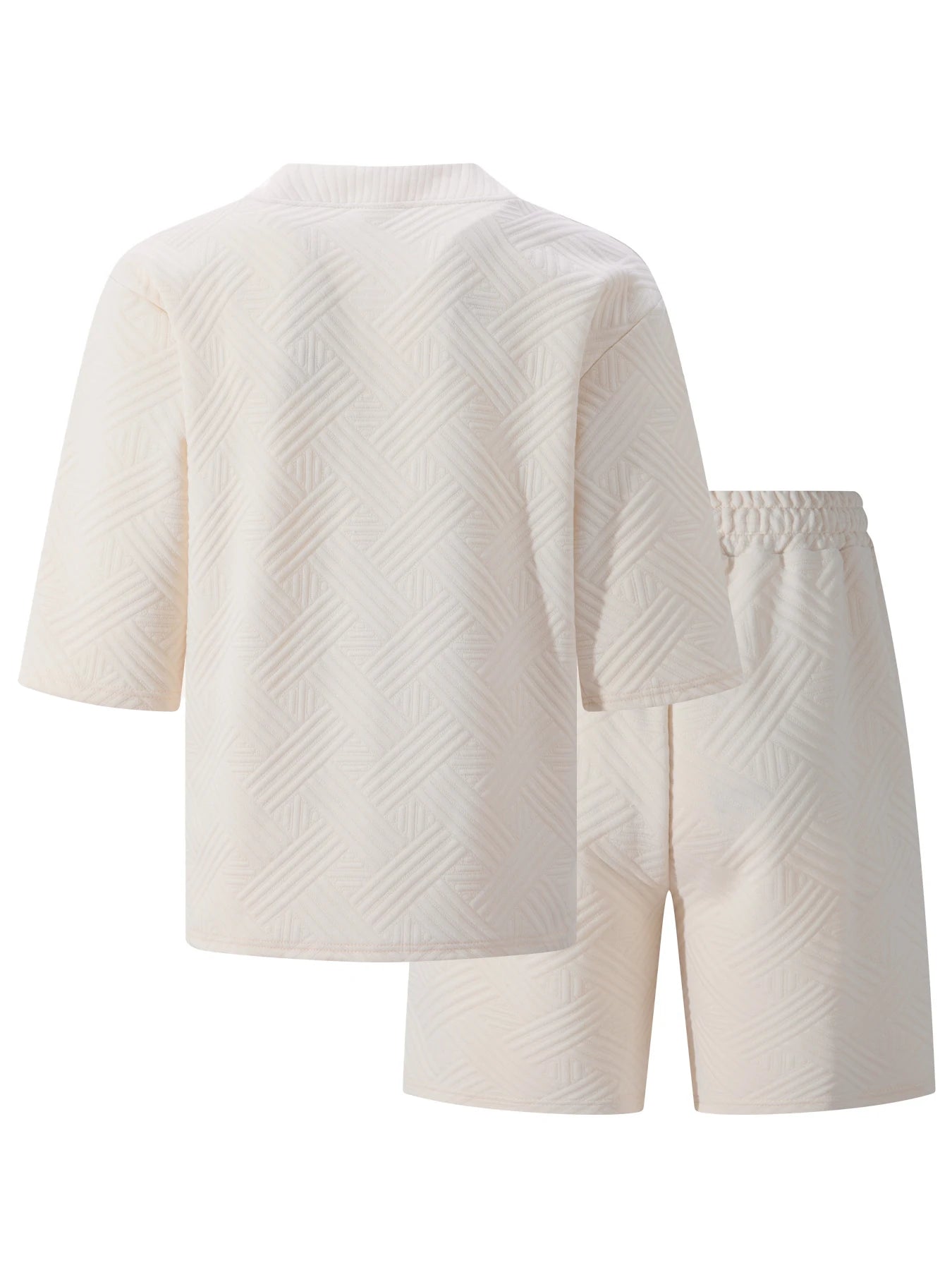 2026 Men's Summer Geometric Textured 2 Piece Set V-Neck Short Sleeve T-Shirt & Drawstring Shorts Shirt Set