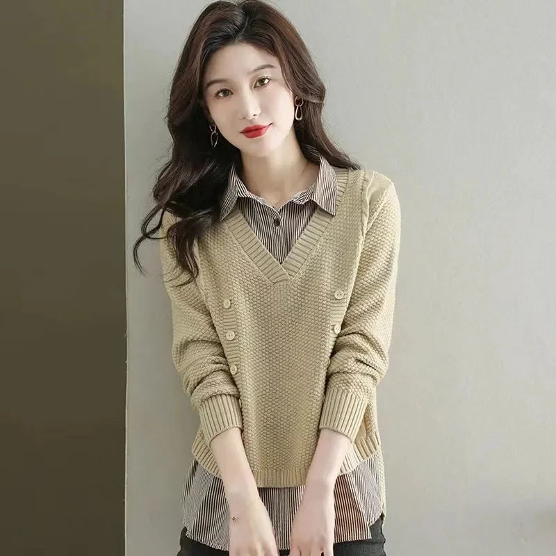 Fake Two Piece Top Knit Sweater Women's Splice Shirt Collar 2024 Spring Autumn New Korean Loose Long Sleeve Sweater Brown Shirt