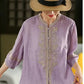 100% Linen Women Casual Shirt New 2025 Summer Vintage Style Stand Collar Floral Embroidery Loose Female Tops Shirts M1593