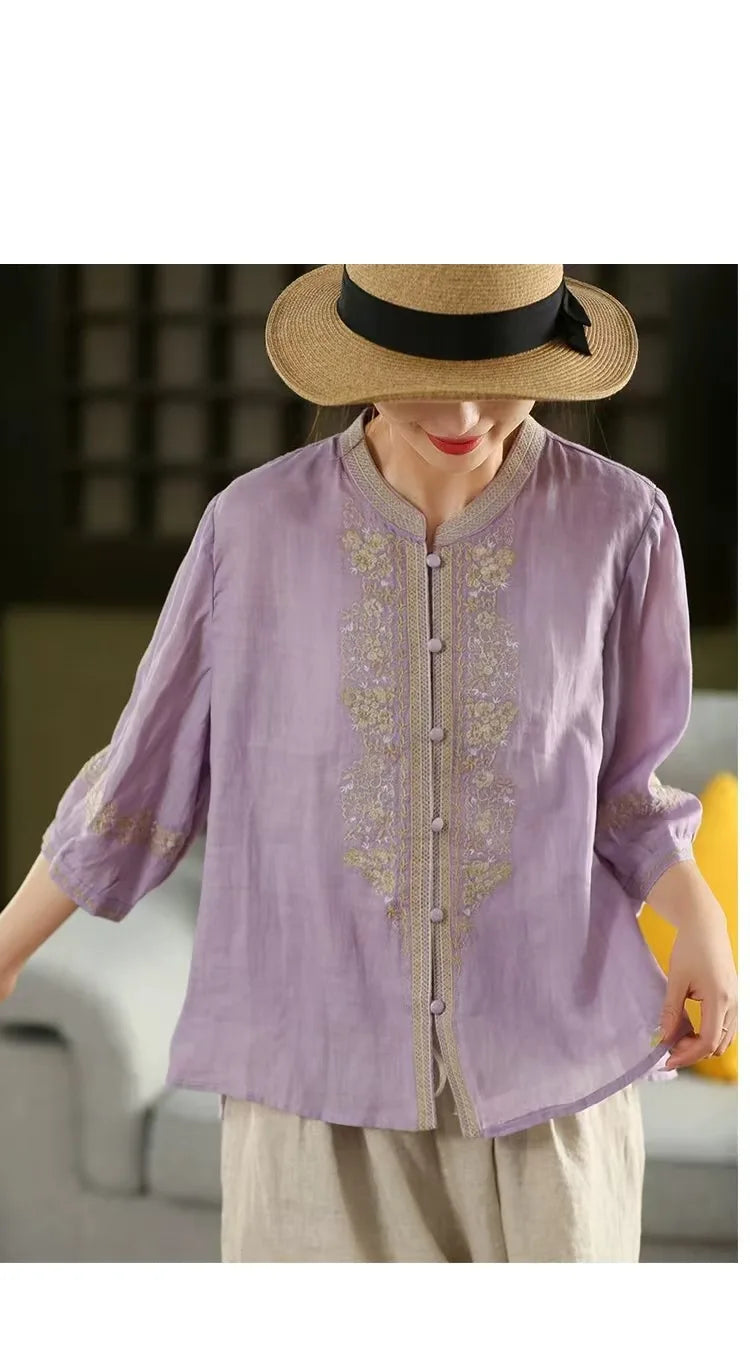100% Linen Women Casual Shirt New 2025 Summer Vintage Style Stand Collar Floral Embroidery Loose Female Tops Shirts M1593
