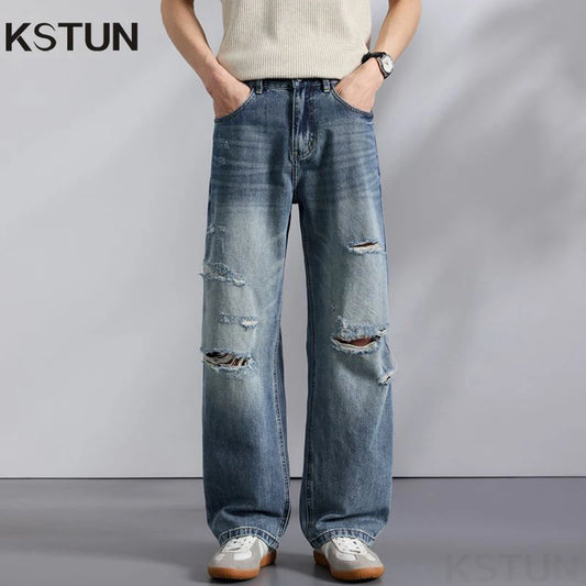 KSTUN 2026 Summer Distressed Jeans For Men Wide-leg Ripped Baggy Pants Loose Straight Vintage Streetwear Hip hop Motocycle Jeans