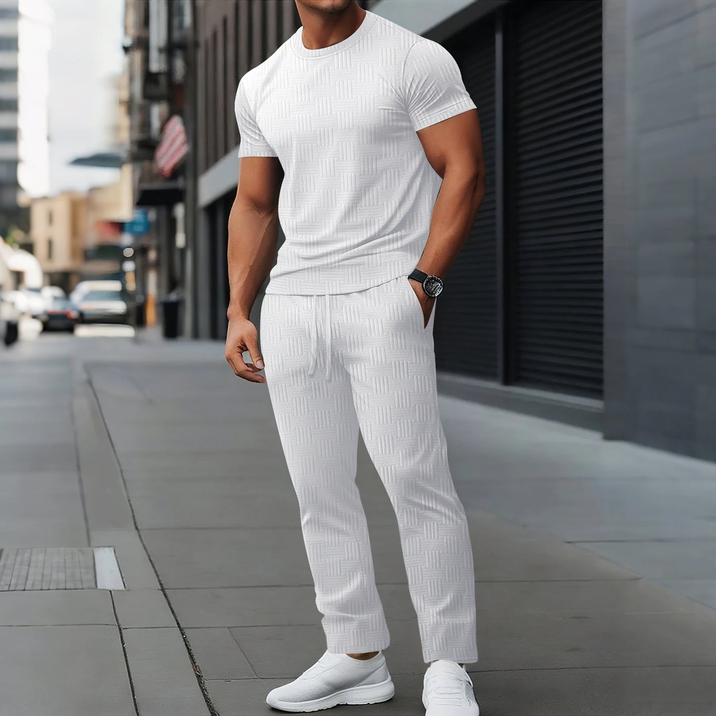 2026 Men's Spring Autumn Business Casual Textured 2 Piece Set Crew Neck T-Shirt & Drawstring Pants