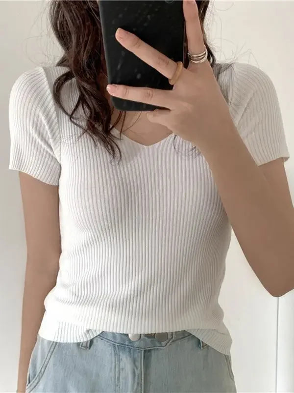 AOSSVIAO 2026 V-neck Solid Thin Summer Pullover Women Sweater Female Knitted Ribbed Sweater Slim Short Sleeve Bodycon Sweater