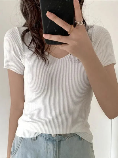 AOSSVIAO 2026 V-neck Solid Thin Summer Pullover Women Sweater Female Knitted Ribbed Sweater Slim Short Sleeve Bodycon Sweater