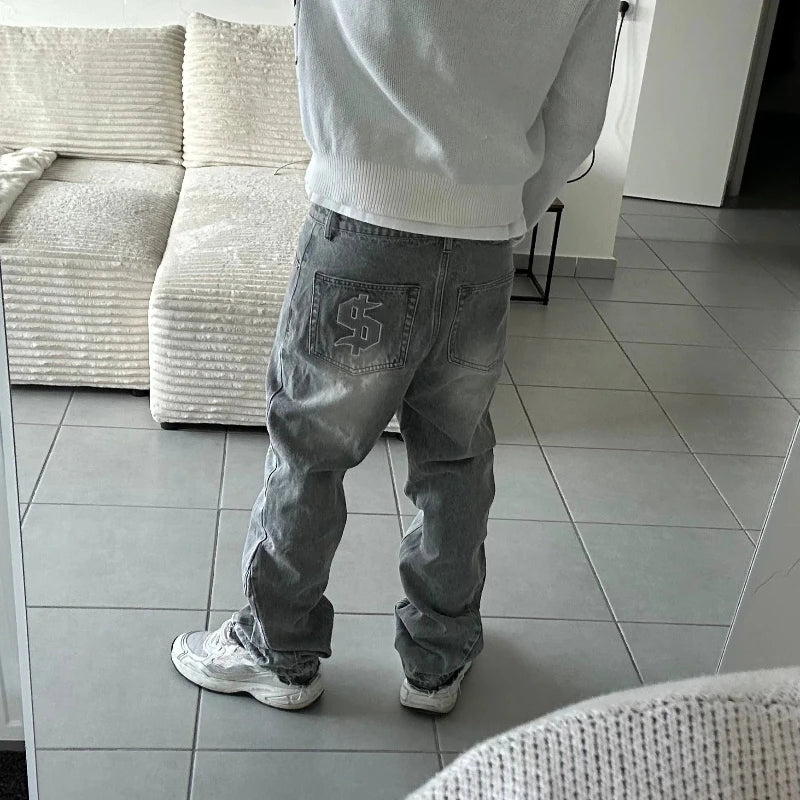 Y2K Retro Jeans Light Color Dollar Pattern Embroidery Splice Denim Pants Gothic Hip Hop Streetwear Men Women Fashion Baggy Pants