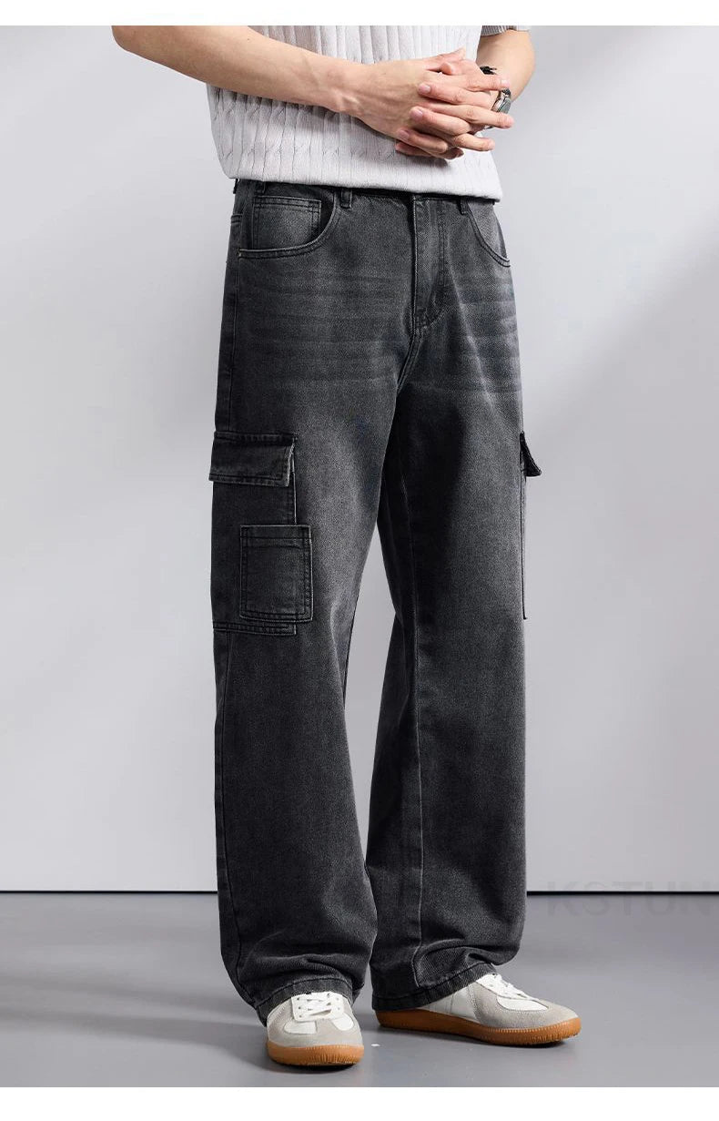 KSTUN 2026 Spring Men's Loose Straight Jeans Wide Leg Vintage Grey Cargo Pants Male Streetwear Trousers Multi-pockets Designer