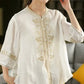 100% Linen Women Casual Shirt New 2025 Summer Vintage Style Stand Collar Floral Embroidery Loose Female Tops Shirts M1593