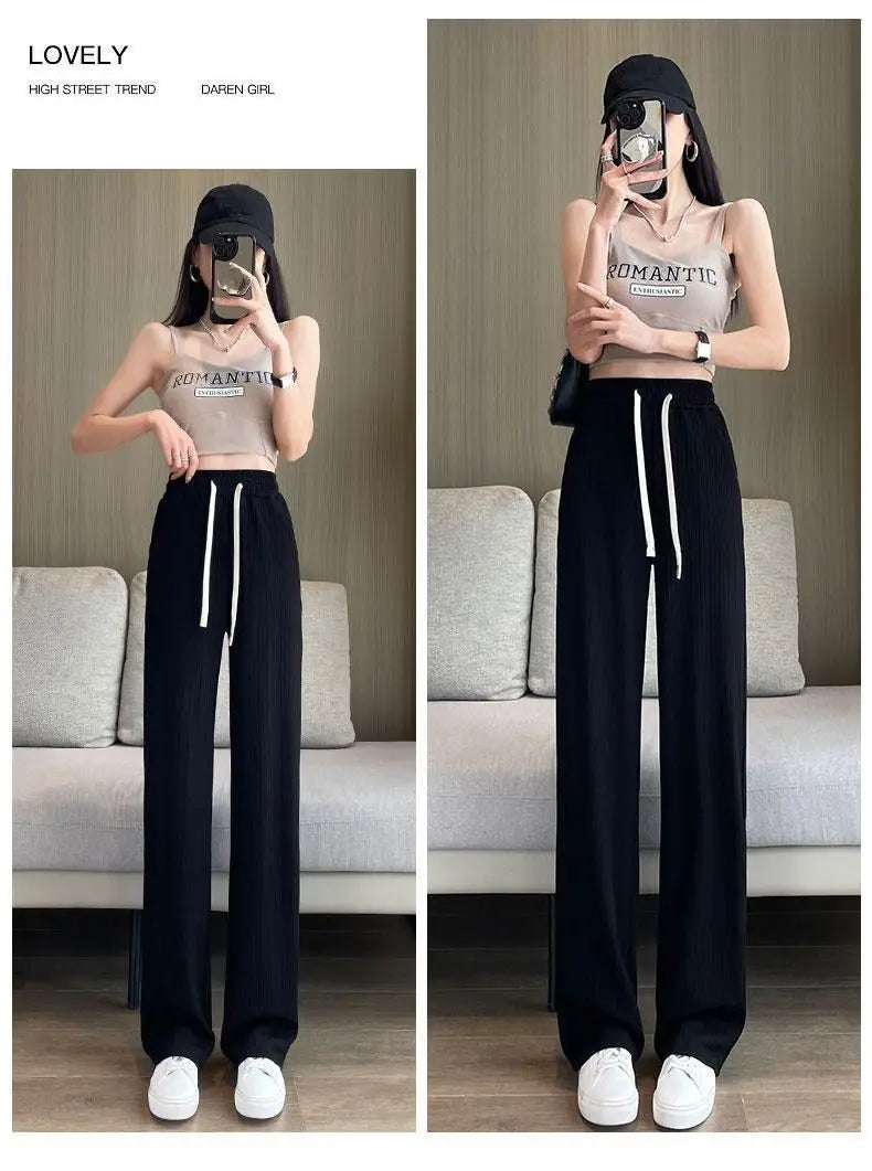 Autumn New Elastic Waist Drawstring Casual Straight Sporty Casual Wide Leg Pants Solid All-Match Basic Trousers Women Clothes