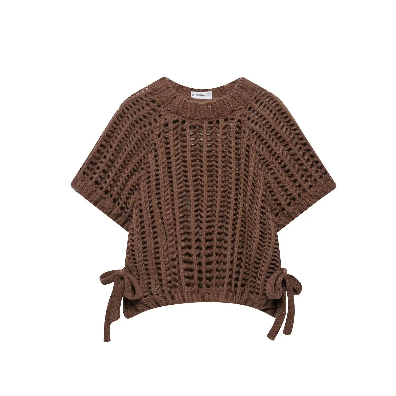 Hollow Out Knit Pullover Women Casual Round Neck Lace Up Bow Sweater Female Autumn Short Sleeves Solid Knitwears Lady