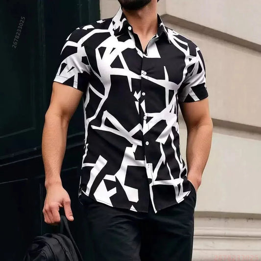 2026 New Men's Short-Sleeve Shirt, Stylish Color-Blocked Irregular Pattern Print Shirt, Outdoor Casual Hawaiian Shirt, XS-6XL