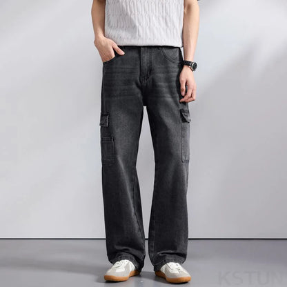 KSTUN 2026 Spring Men's Loose Straight Jeans Wide Leg Vintage Grey Cargo Pants Male Streetwear Trousers Multi-pockets Designer