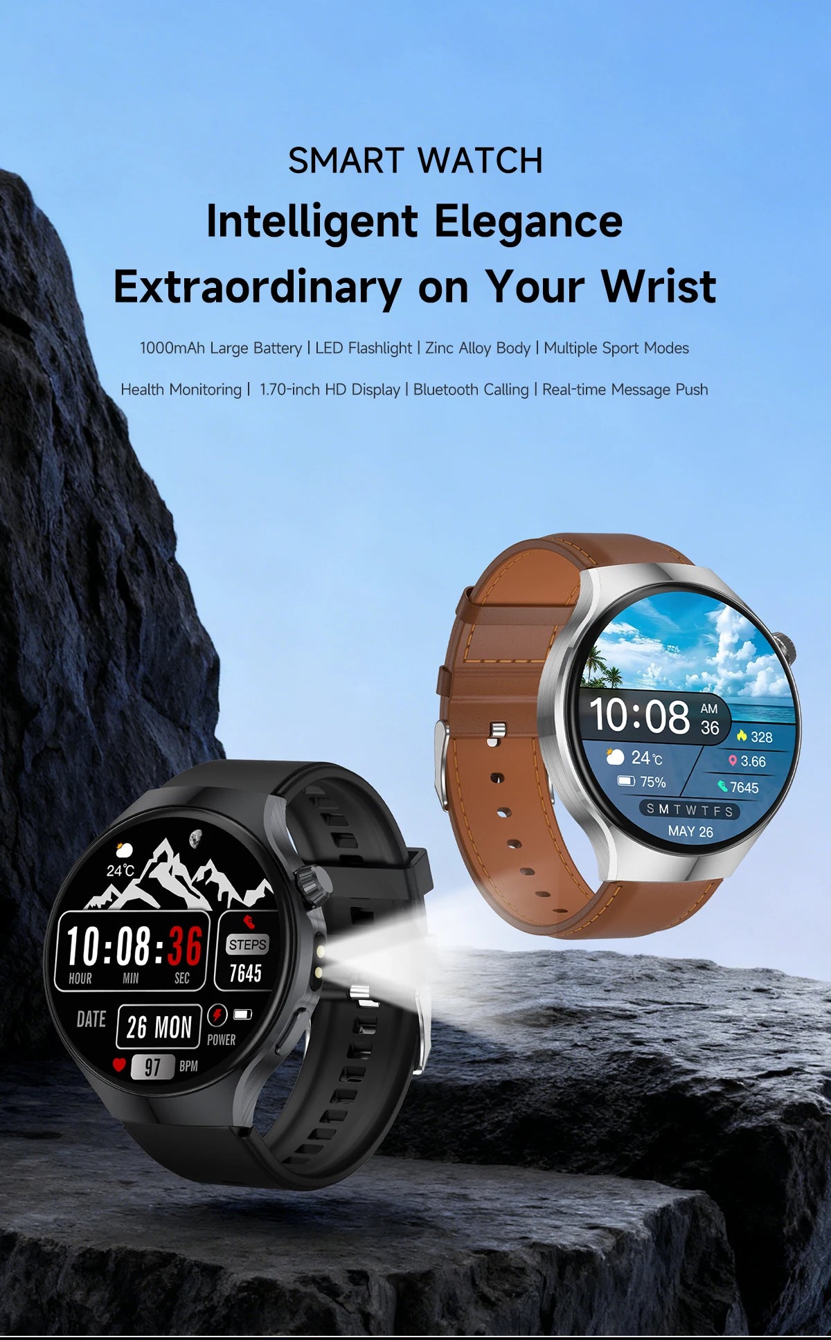 2026 New Outdoor Smart Watch 1.7-inch HD Screen, 100+T Sports Mode, Bluetooth Call Waterproof Smart Watch