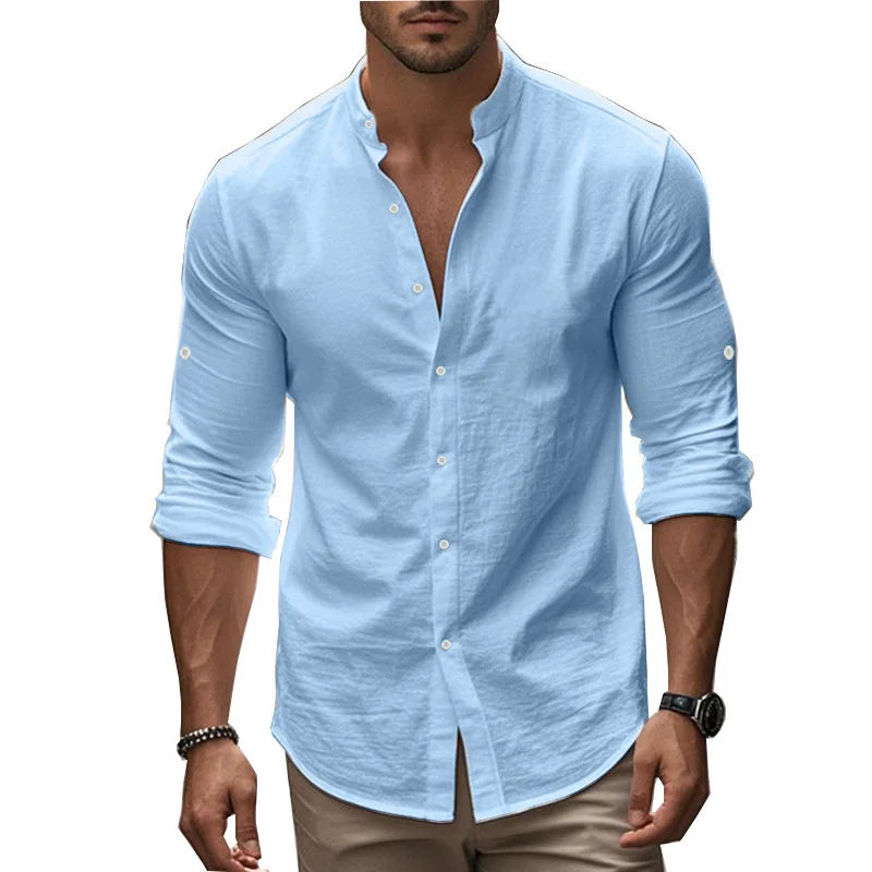 Men's Cotton Linen Long Sleeve Button Down Shirt European American Plus Size Henry Collar Casual Breathable Tops