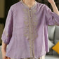 100% Linen Women Casual Shirt New 2025 Summer Vintage Style Stand Collar Floral Embroidery Loose Female Tops Shirts M1593