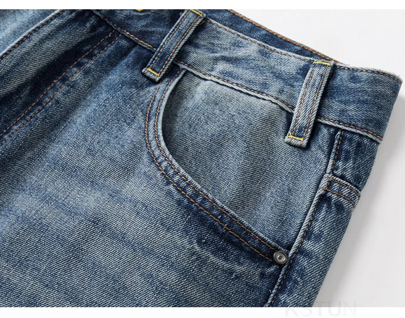 KSTUN 2026 Summer Distressed Jeans For Men Wide-leg Ripped Baggy Pants Loose Straight Vintage Streetwear Hip hop Motocycle Jeans