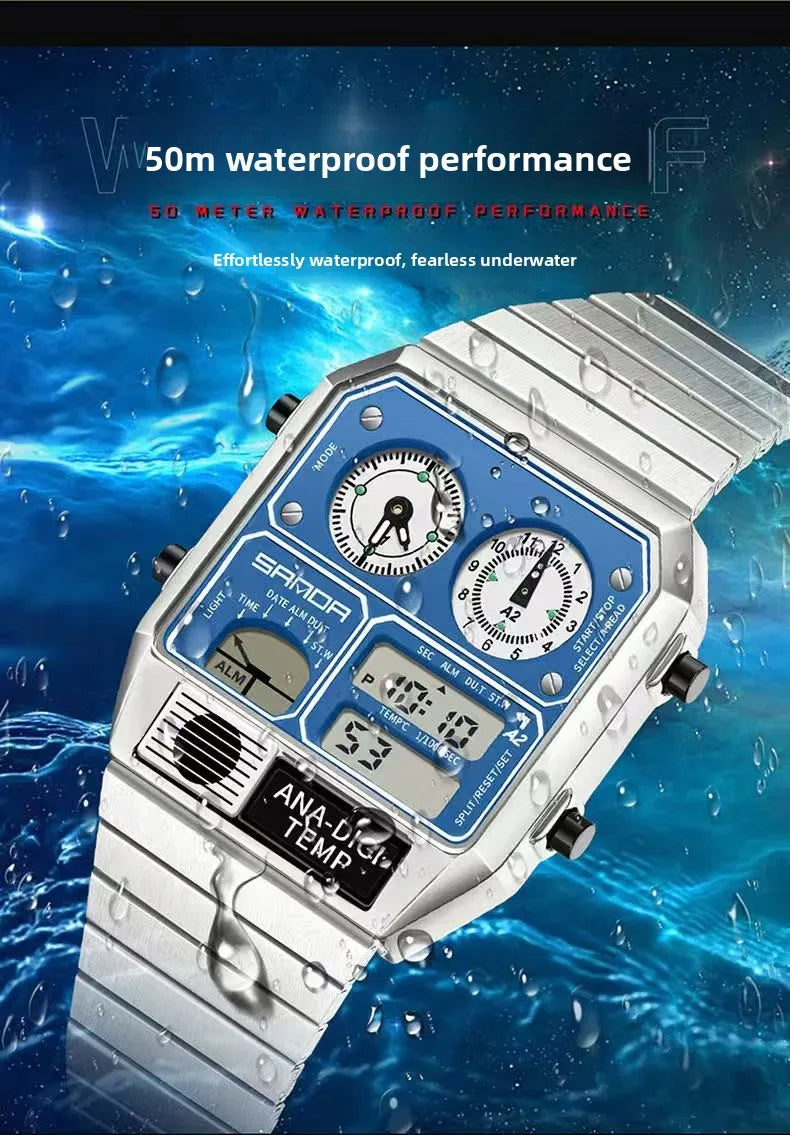 Retro Square Watches Men's Multifunctional Outdoor Sports Ultra-thin Steel Waterproof Alarm Clock Dual Display Electronic Watch
