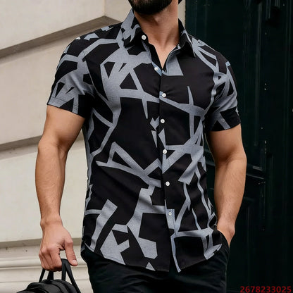 2026 New Men's Short-Sleeve Shirt, Stylish Color-Blocked Irregular Pattern Print Shirt, Outdoor Casual Hawaiian Shirt, XS-6XL