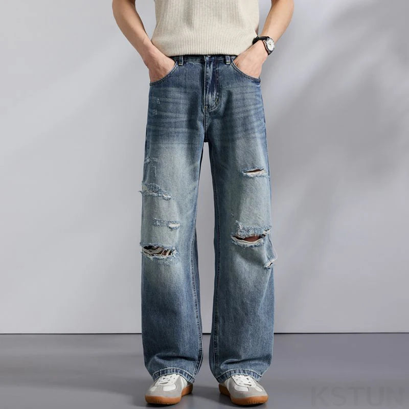 KSTUN 2026 Summer Distressed Jeans For Men Wide-leg Ripped Baggy Pants Loose Straight Vintage Streetwear Hip hop Motocycle Jeans