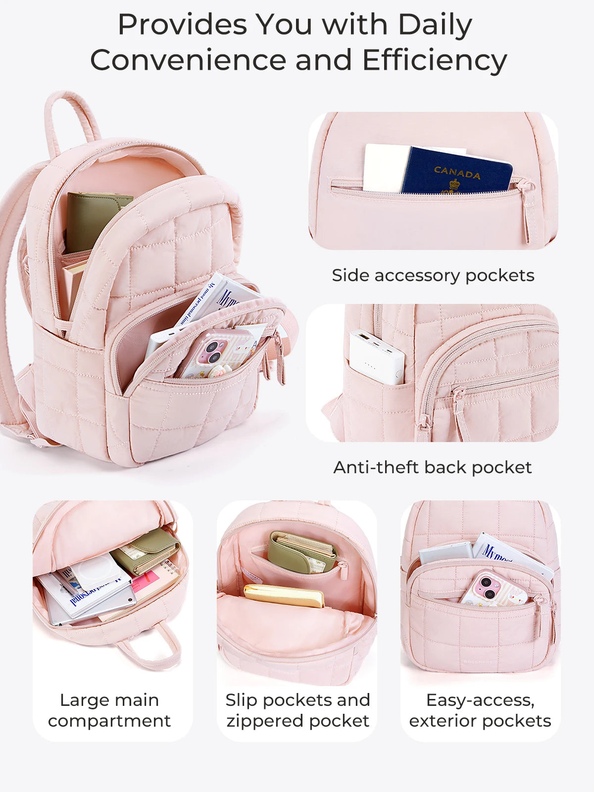 BAGSMART Laptop Bags College Casual Backpack for Women Quilted Small Computer Bookbag Water-Resistant 15.6 Inch notebook Bag