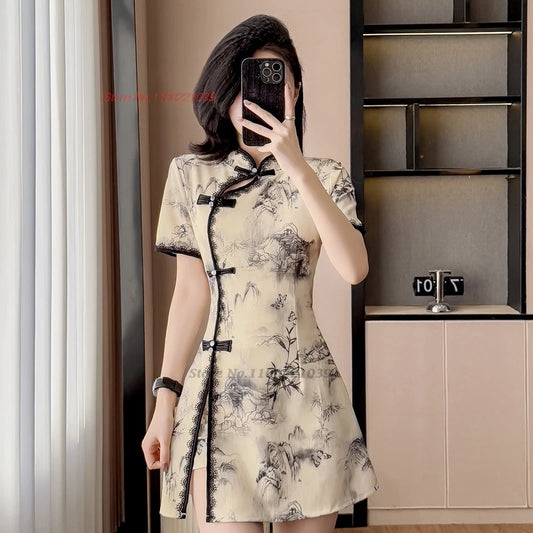 2026 chinese sexy nightclub dress improved cheongsam flower print qipao dress+shorts set hotel spa work dress beauty uniform