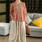 100% Linen Women Casual Shirt New 2025 Summer Vintage Style Stand Collar Floral Embroidery Loose Female Tops Shirts M1593