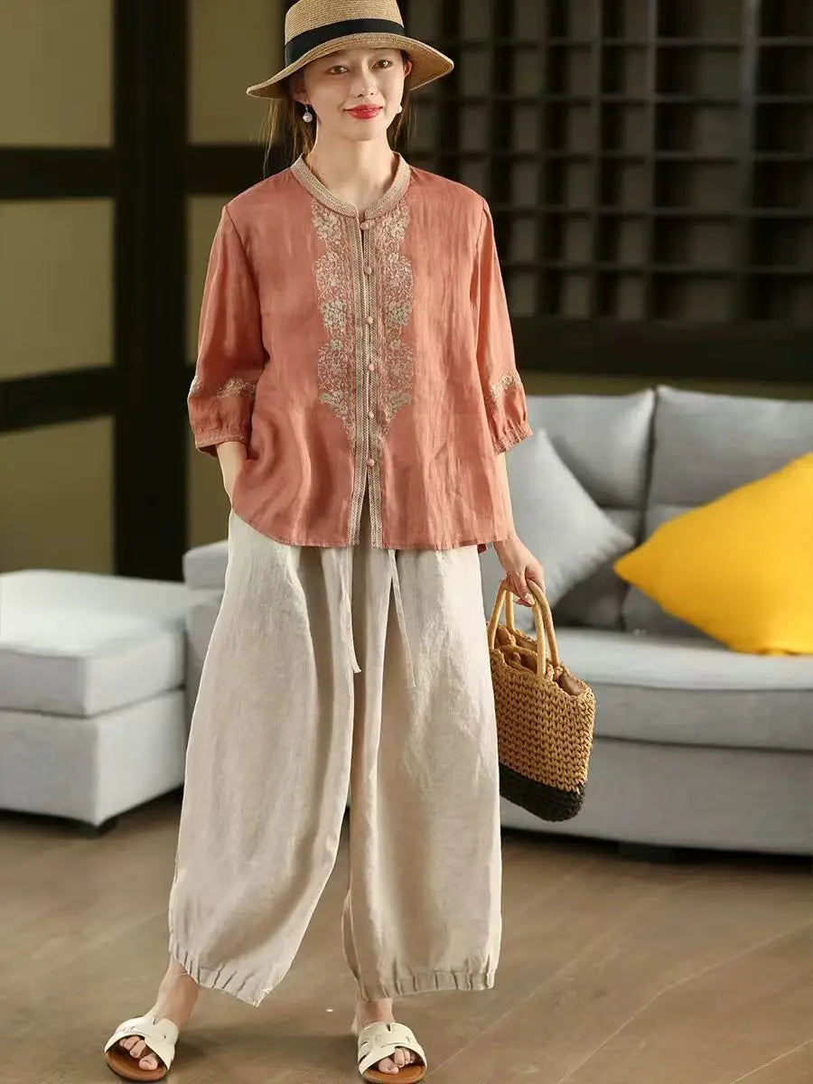 100% Linen Women Casual Shirt New 2025 Summer Vintage Style Stand Collar Floral Embroidery Loose Female Tops Shirts M1593