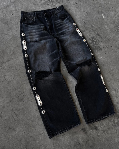 Gothic Diamond Punk Hip Hop Men's Slim Jeans Damaged Destroyed Hole Baggy Denim Long Trouser Pants Y2k Streetwear Ripped Jeans