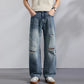 KSTUN 2026 Summer Distressed Jeans For Men Wide-leg Ripped Baggy Pants Loose Straight Vintage Streetwear Hip hop Motocycle Jeans