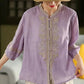 100% Linen Women Casual Shirt New 2025 Summer Vintage Style Stand Collar Floral Embroidery Loose Female Tops Shirts M1593