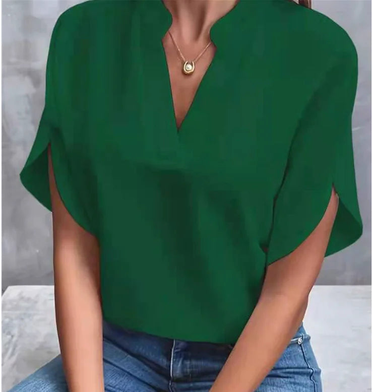 Summer Elegant Women's Blouse New V-neck Short Sleeve Solid Color Loose Shirt Casual White Tops Office Lady Blouses