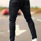 Men's American Retro Hole-Punched Stretch Slim Fit Jeans Zipper Casual Streetwear Denim Pants Classic Black Blue Skinny Trousers