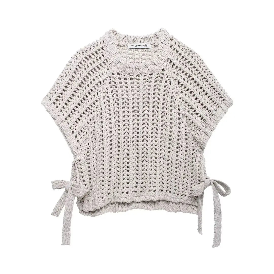 Hollow Out Knit Pullover Women Casual Round Neck Lace Up Bow Sweater Female Autumn Short Sleeves Solid Knitwears Lady