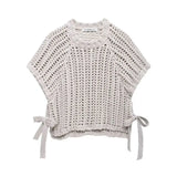 Hollow Out Knit Pullover Women Casual Round Neck Lace Up Bow Sweater Female Autumn Short Sleeves Solid Knitwears Lady