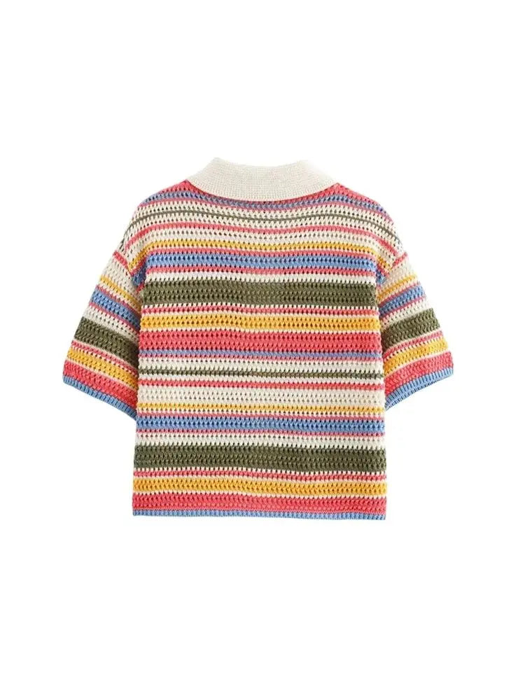 Women's Striped Crochet Knit Crop Sweater, Polo Collar, Short Sleeve, Button-up, Female Outerwear, Chic Tops, Fashion