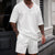2026 Men's Summer Geometric Textured 2 Piece Set V-Neck Short Sleeve T-Shirt & Drawstring Shorts Shirt Set
