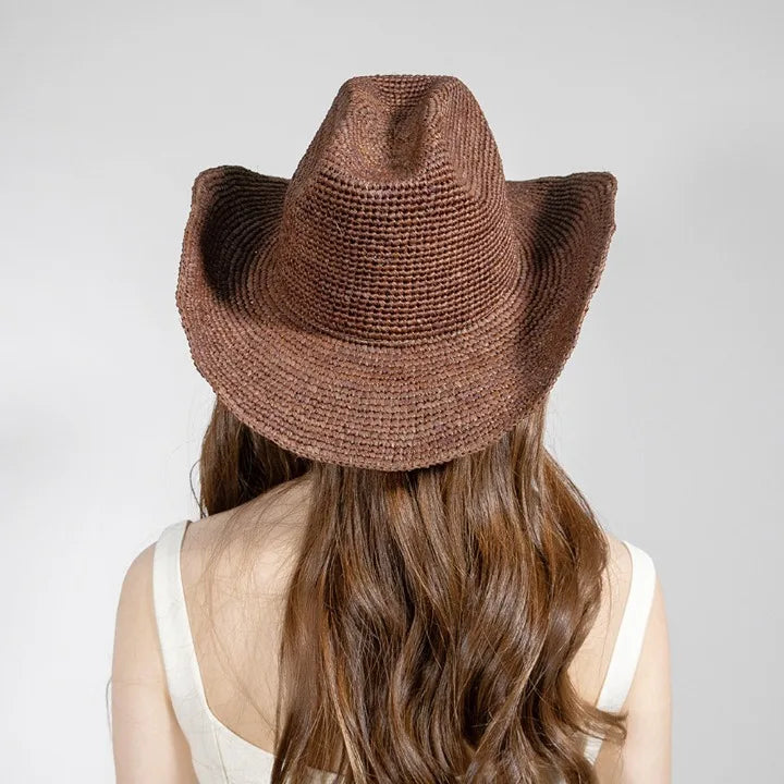 USPOP Hand-crocheted Natural Raffia Straw Cowboy Hat for Women Men Summer Wide Brim Sun Hat Outdoor Breathable Beach Caps