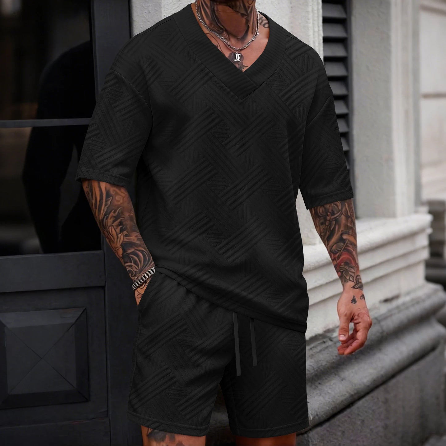 2026 Men's Summer Geometric Textured 2 Piece Set V-Neck Short Sleeve T-Shirt & Drawstring Shorts Shirt Set