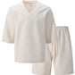 2026 Men's Summer Geometric Textured 2 Piece Set V-Neck Short Sleeve T-Shirt & Drawstring Shorts Shirt Set